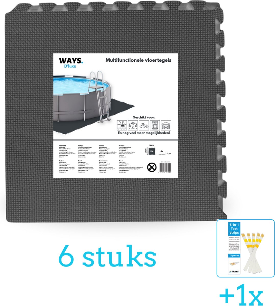 WAYS Dluxe - Multifunctionele ondertegel - Antraciet - (8 stuks per verpakking) - 6 stuks - Voordeelverpakking - Inclusief WAYS Testrips (1 stuks)